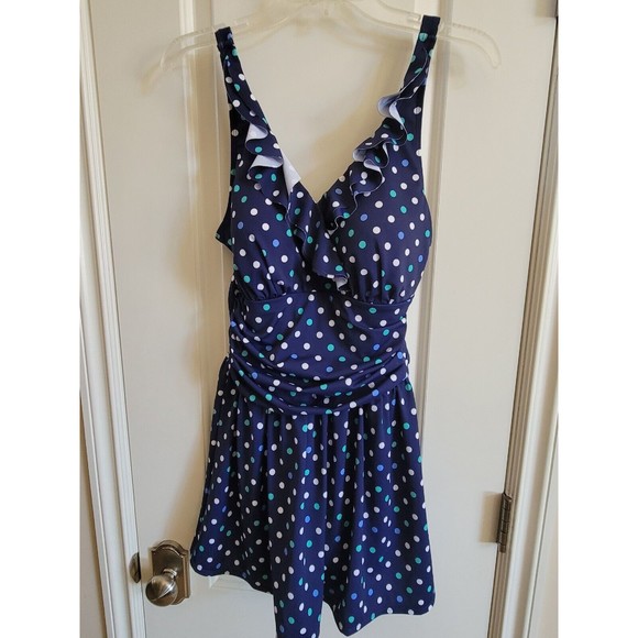 Denim & Co. Beach Ruffle Neck Skirted Swim Dress Suit Blue Dots NWOT Sz 12 - Picture 4 of 10